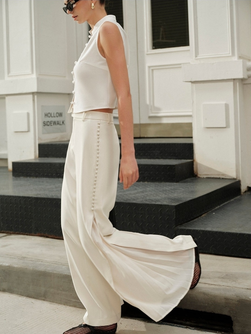 NWOT Commense Cream Wide-Leg Button-Trim Pants. Two Available